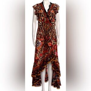 Camilla silk maxi dress.  Animal/floral print  ruffles & crystal accents.